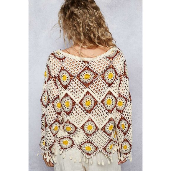 POL Cream Neutral Boho Hippy Oversize Retro‎ Diamond Crochet Festival Fringe Top - Picture 4 of 11